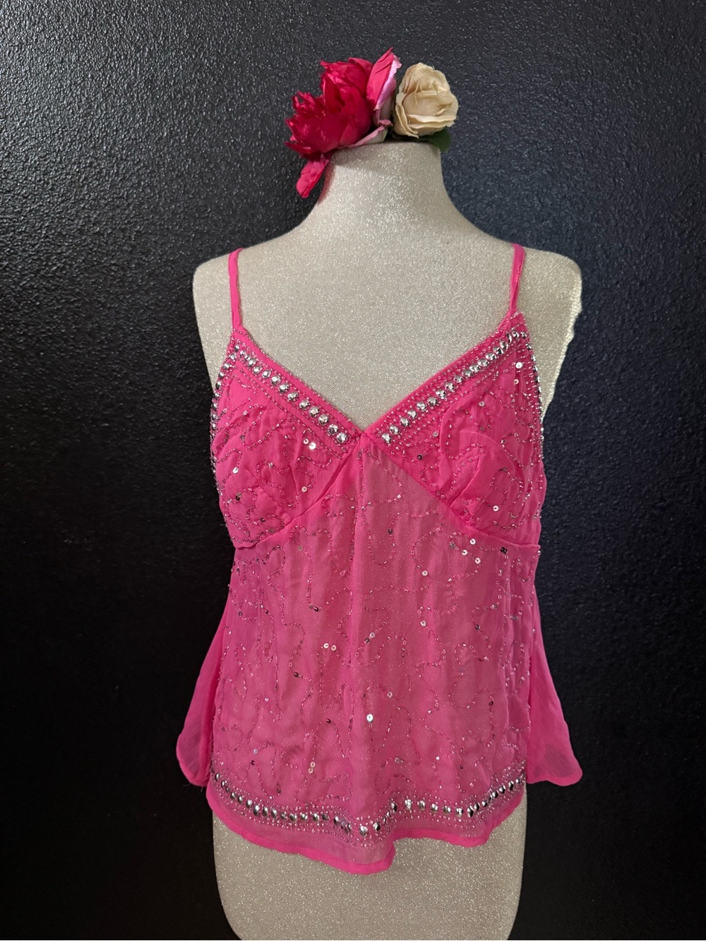 Embellished Hot Pink Spaghetti Strap Women's Top